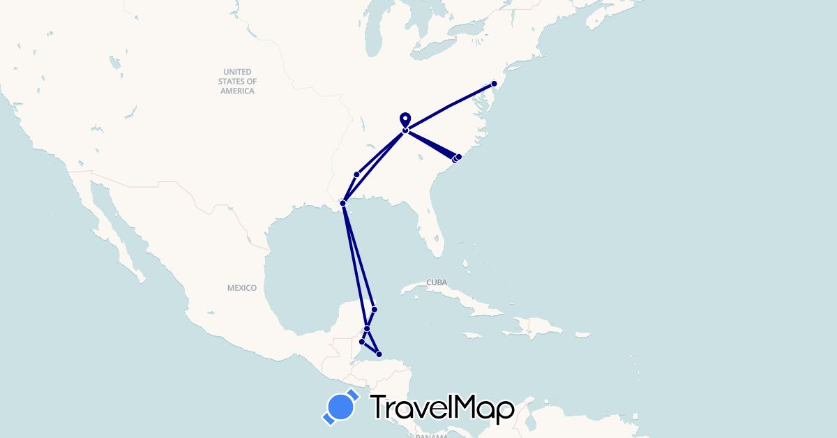 TravelMap itinerary: driving in Belize, Honduras, Mexico, United States (North America)